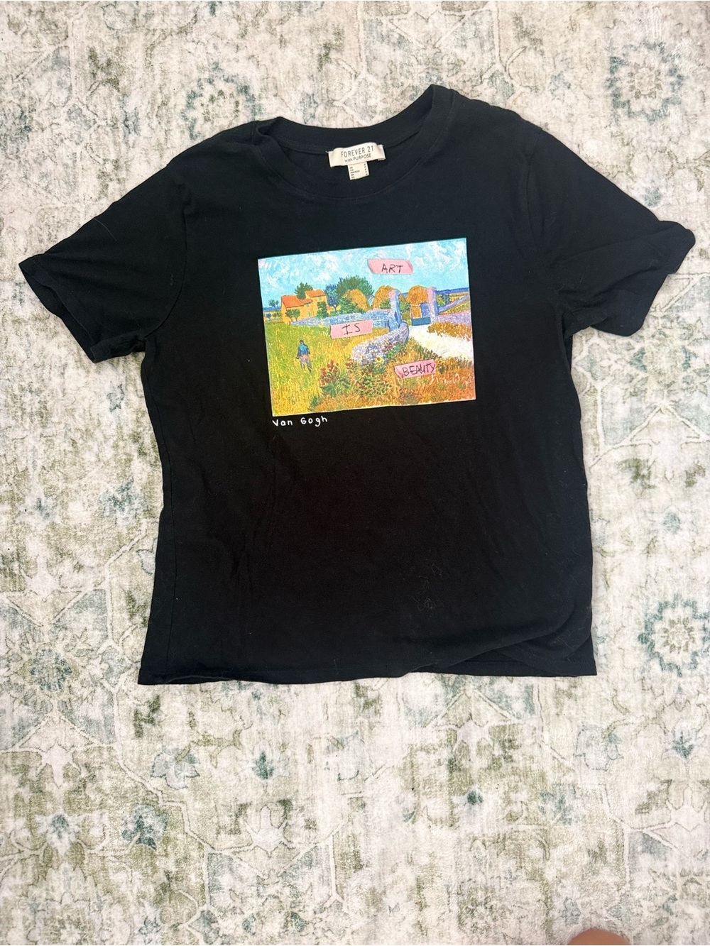Forever 21 Black Graphic Tee with Colorful Landscape Print